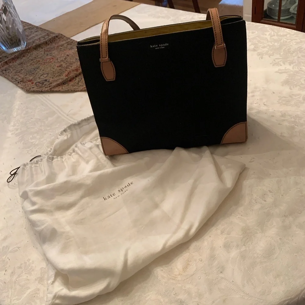 Elegant Kate Spade Black Fabric with Tan Leather Handbag (vibrant green lining)